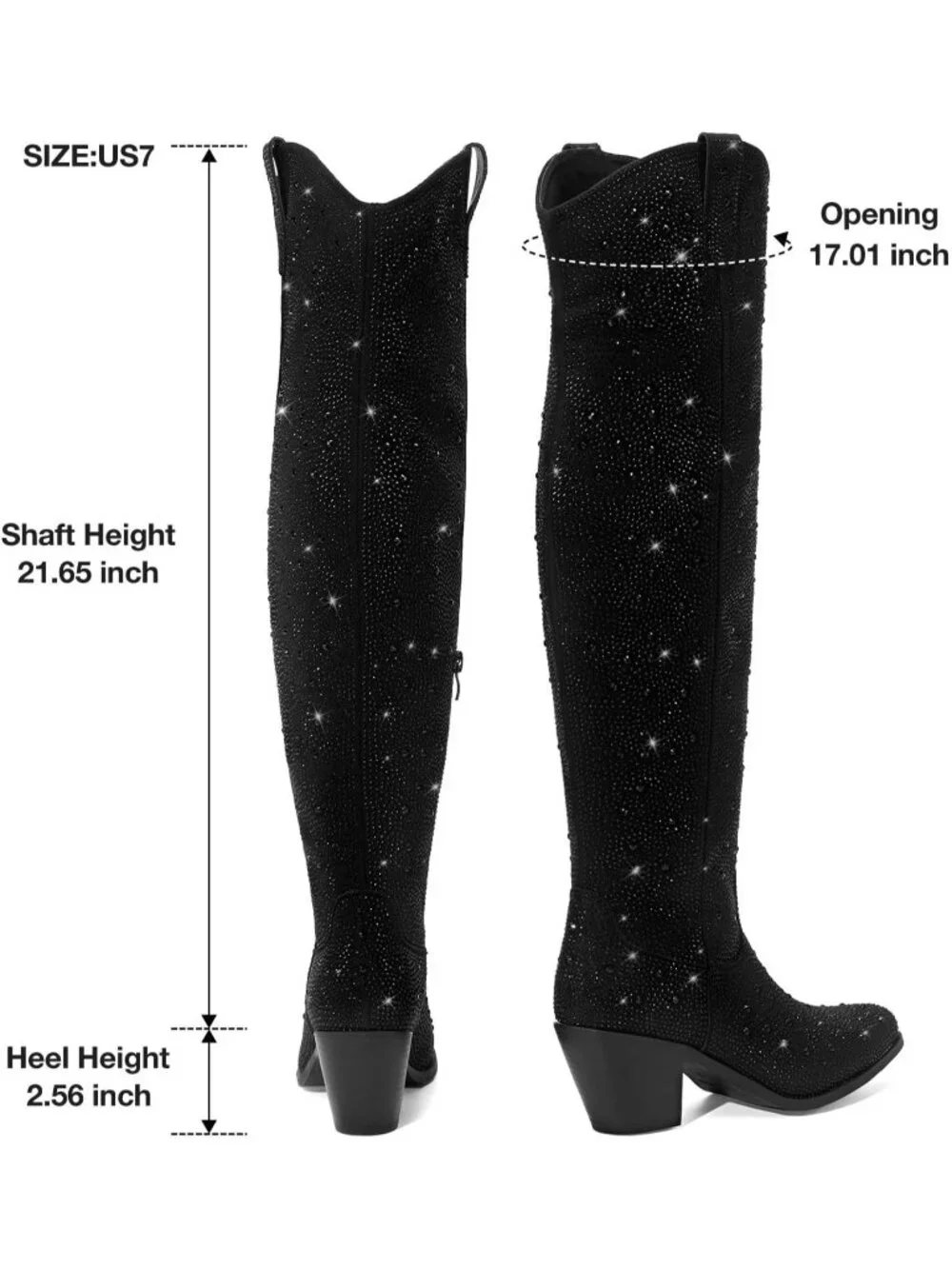 Women's Black Over Knee Pointed Toe Sparkly Chunky Heel Thigh High Boots